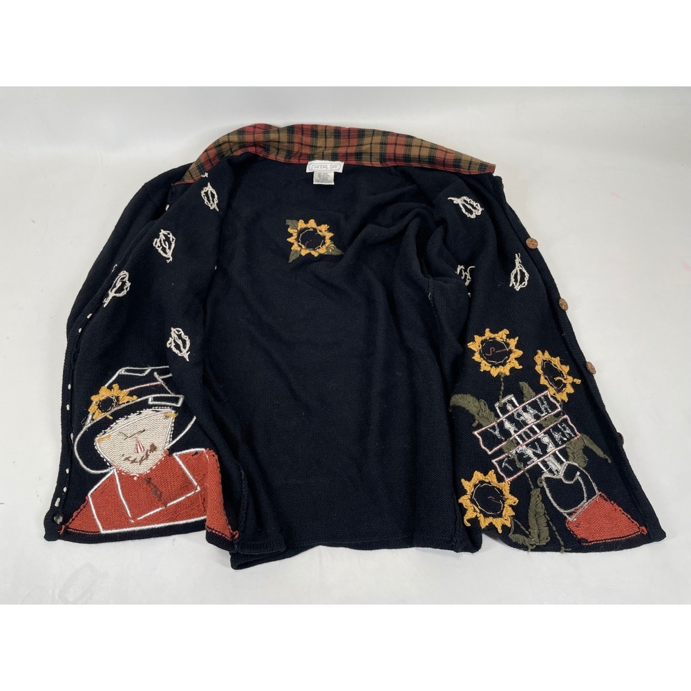 Mandal Bay Women XXL Black Happy Harvest Scarecrow Sunflower Plaid Cardigan Fall - Picture 4 of 8